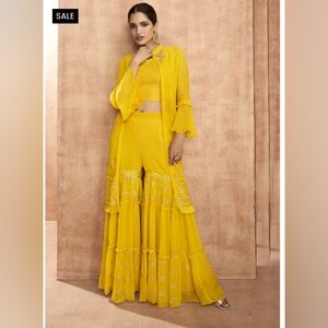 Hat Kay Yellow Embroidered Jacket Style Palazzo Suit size XS readymade size